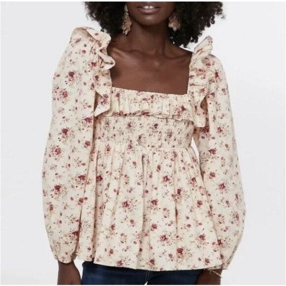 Tuckernuck Hyacinth House Addison Blouse in Cream Floral Ruffle Neck Size Medium - Picture 1 of 11